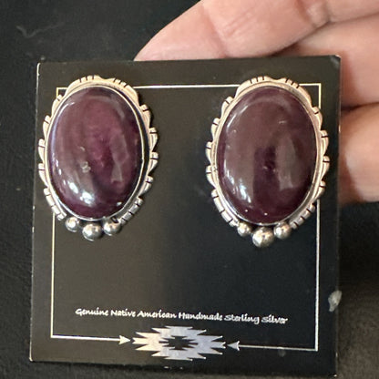 Purple Spiny Oyster Navajo Sterling Silver Stud Post Earrings 1" 18740