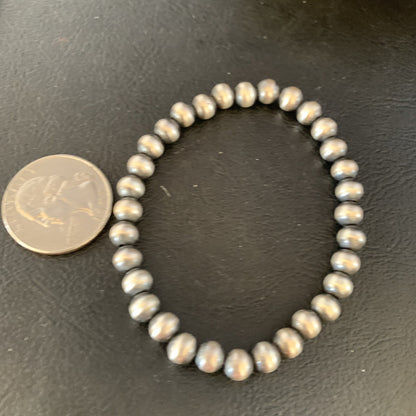 Navajo 6mm Beads Stretchable Sterling Silver Bracelet 7” 14184