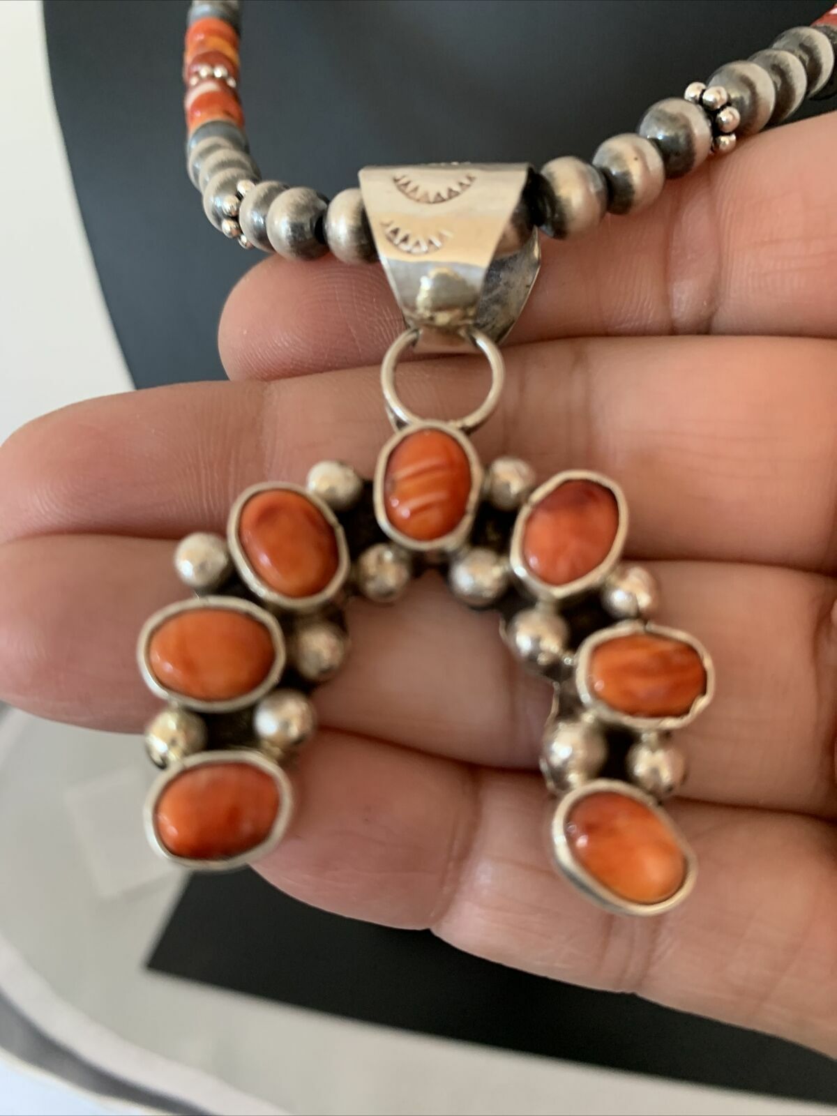 Spiny Oyster Cluster Naja Pendant Navajo Pearls Sterling Silver Necklace 00283