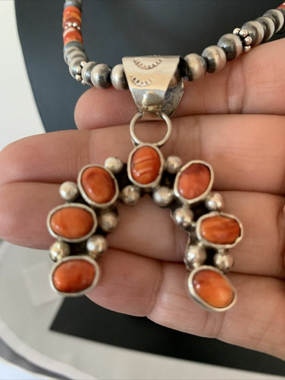 Spiny Oyster Cluster Naja Pendant Navajo Pearls Sterling Silver Necklace 00283