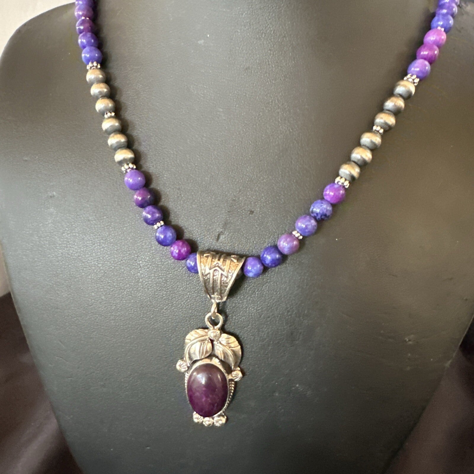 Purple Stone Pendant Navajo Pearls Sterling Silver Necklace 18387