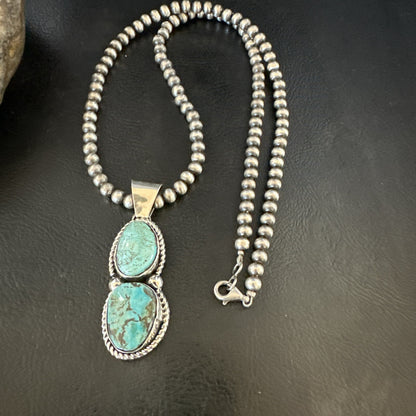 Blue Turquoise 2 Stone Navajo Sterling Silver Cluster Pendant 18191