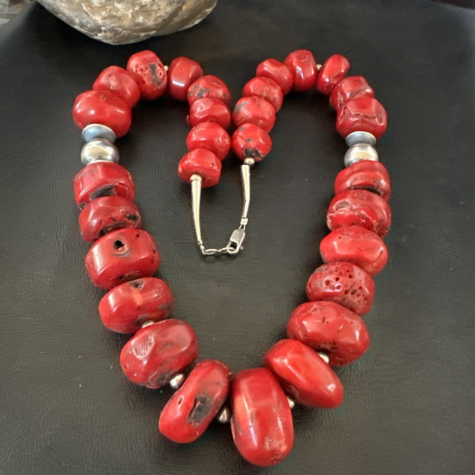 Chunky Navajo Red Bamboo Coral Sterling Silver Bead Necklace 24” Graduated 19532
