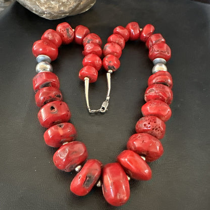 Chunky Navajo Red Bamboo Coral Sterling Silver Bead Necklace 24” Graduated 19532