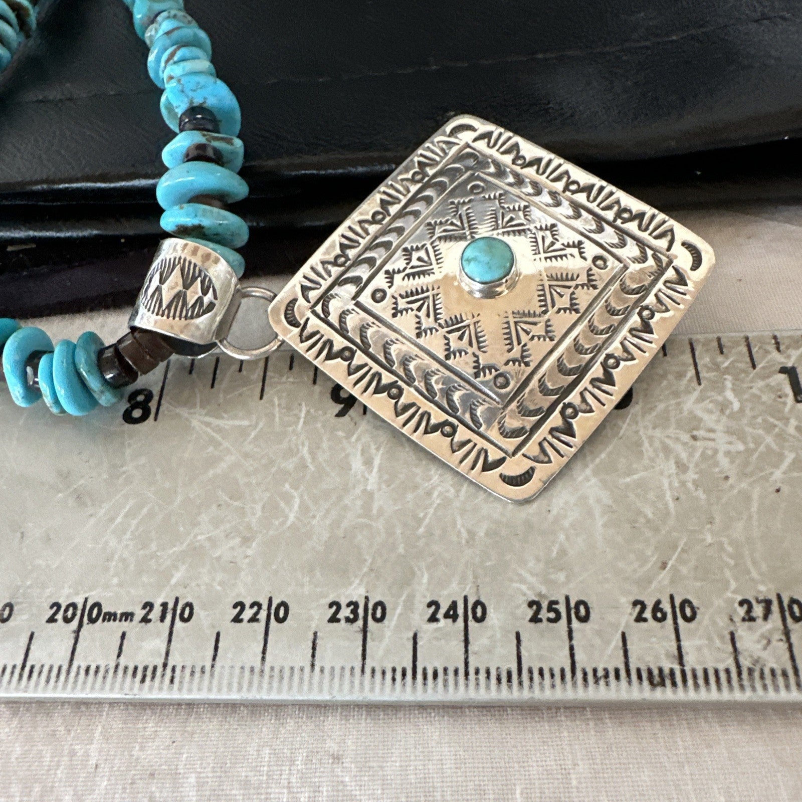 Navajo Blue Turquoise Stamped Pendant Shell Sterling Silver 25” Necklace 19709