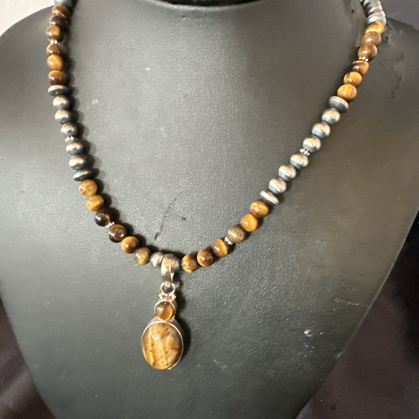Coffee Brown Tigers Eye Sterling Silver Pendant Necklace Southwestern 18279