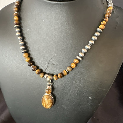 Coffee Brown Tigers Eye Sterling Silver Pendant Necklace Southwestern 18279