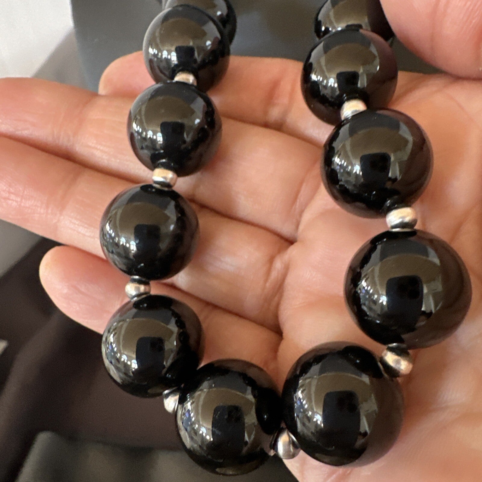 Black Onyx 16mm Large Bead Navajo Sterling Silver Necklace 20” 18787