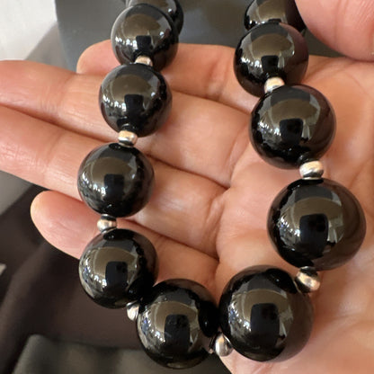 Black Onyx 16mm Large Bead Navajo Sterling Silver Necklace 20” 18787