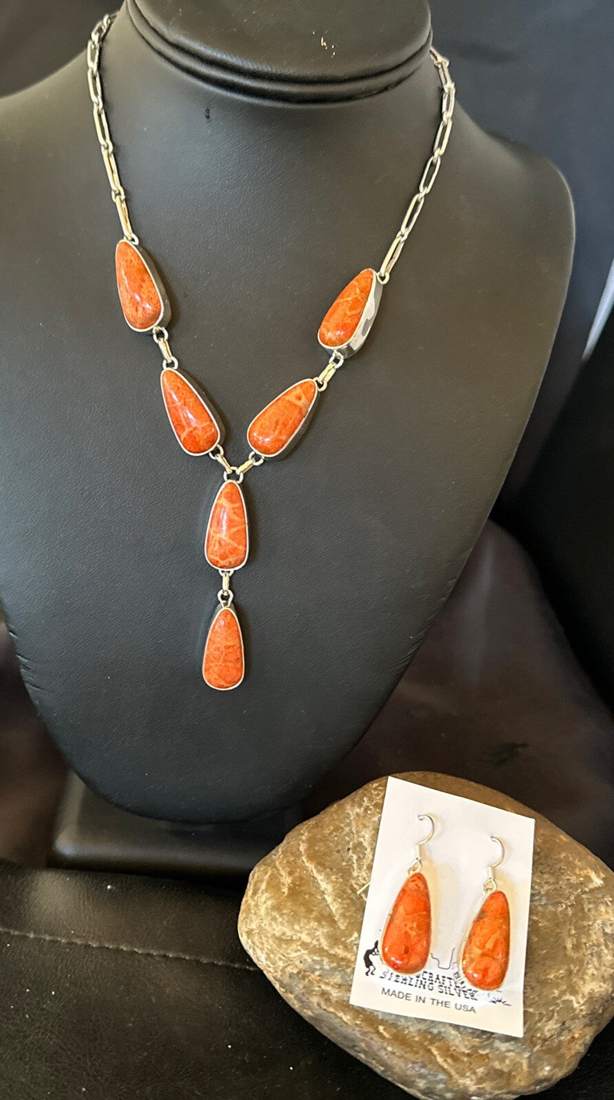 Women Apple Coral Lariat Necklace Pendant Earrings Sterling Silver 16” 18409