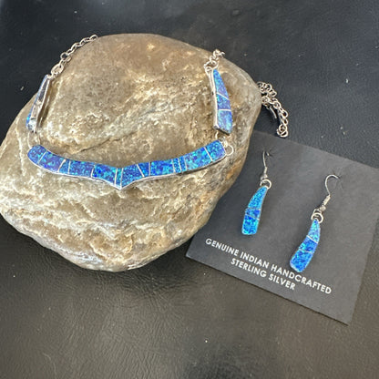 Old Pawn Blue Opal Necklace Inlay Navajo Sterling Silver 16" Earrings 19125
