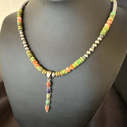 Feather Multicolor Turquoise Pendant Navajo Sterling Silver Necklace 18733