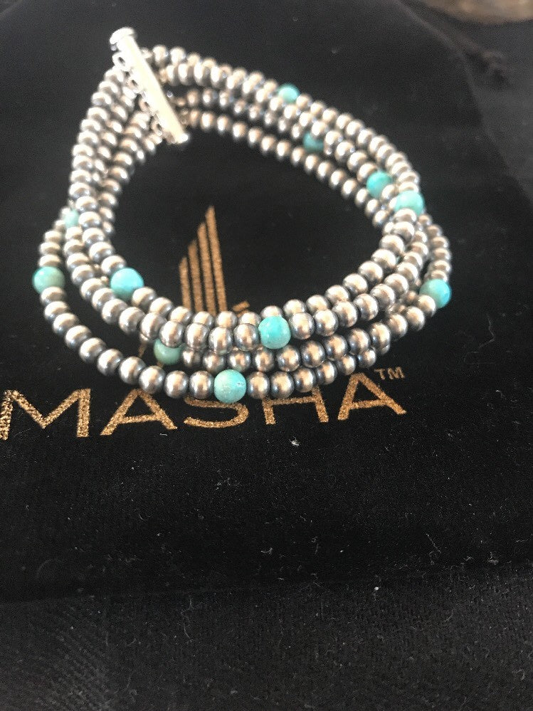 Native American Sterling Silver Beads Blue Turquoise Bracelet 4 Strand