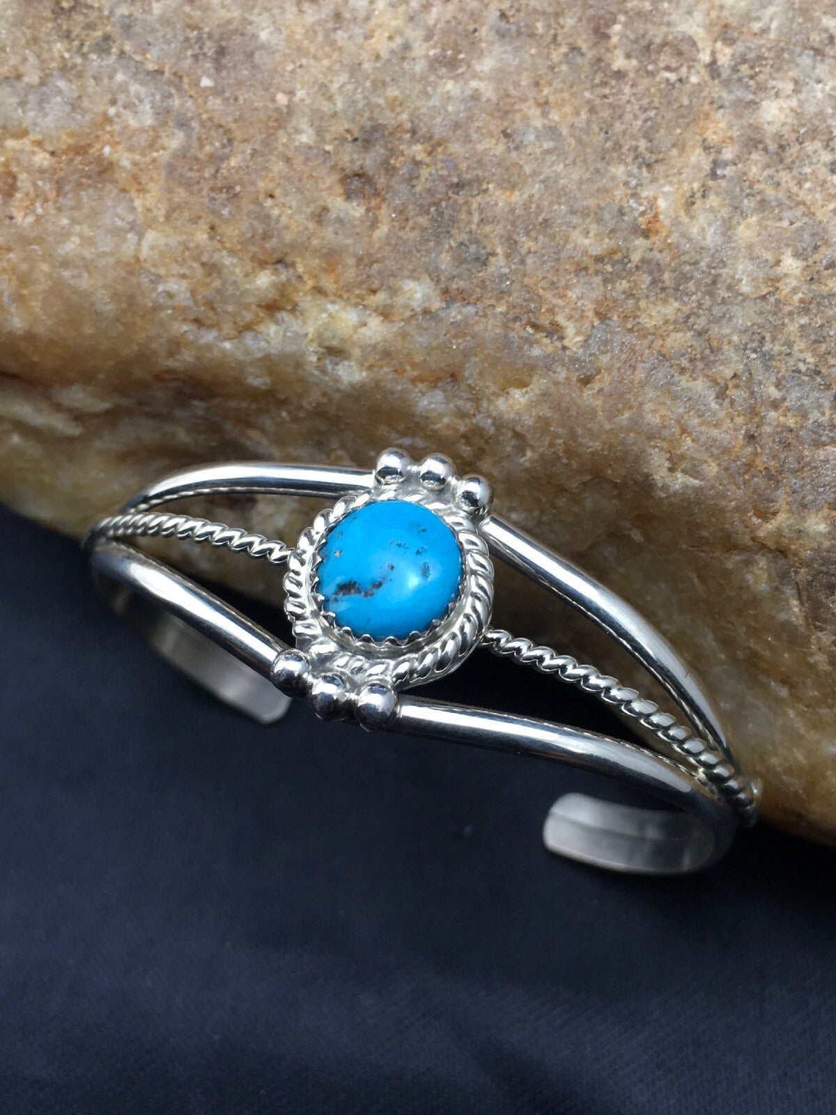 Native Blue Turquoise Navajo Sterling Silver Children's Bracelet 04375