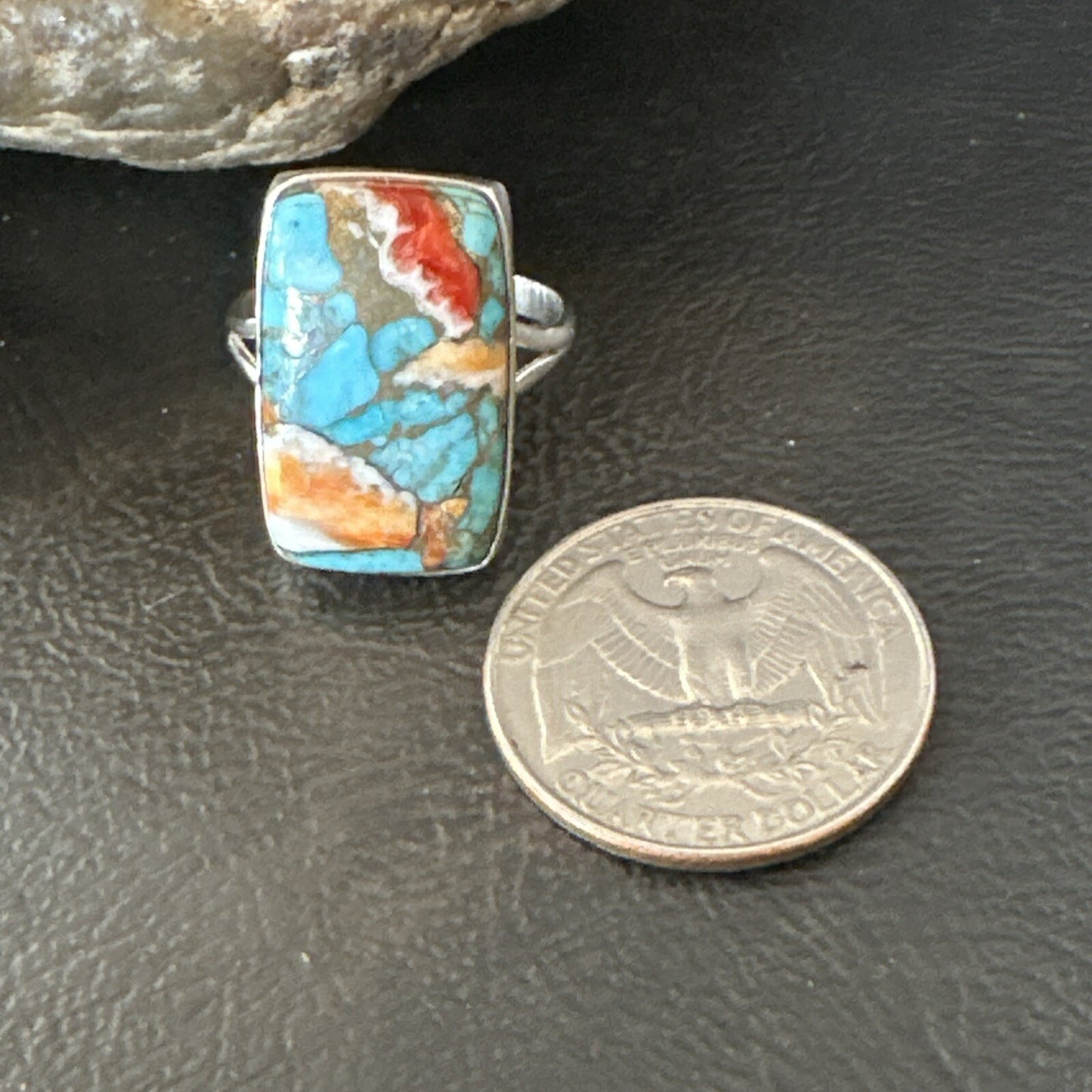 Blue Turquoise Spiny Oyster Southwestern Sterling Silver Ring Size 9 18467