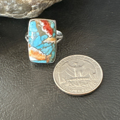 Blue Turquoise Spiny Oyster Southwestern Sterling Silver Ring Size 9 18467