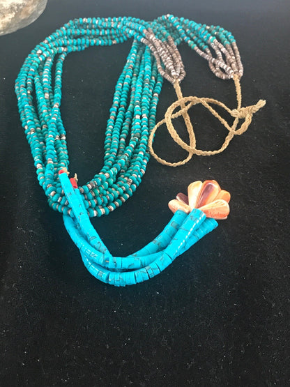 Mens Turquoise Bead 9 Strands Navajo Pearls Sterling Silver Necklace 08451