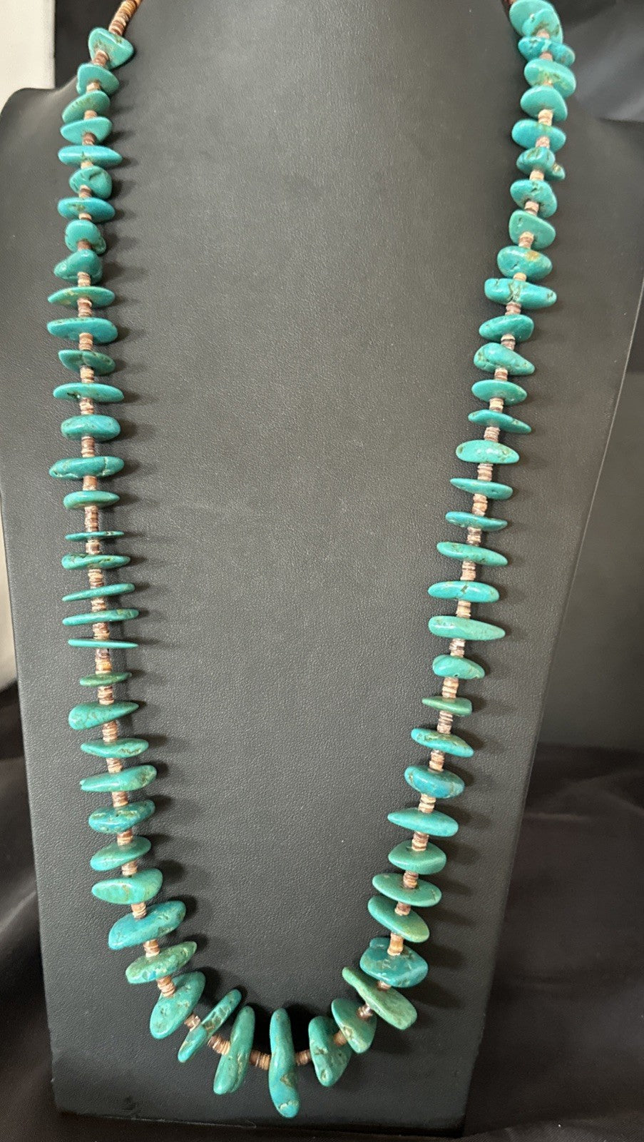 XL Navajo Kingman Turquoise Shell Heishi Sterling Silver Bead 34” Necklace 19635