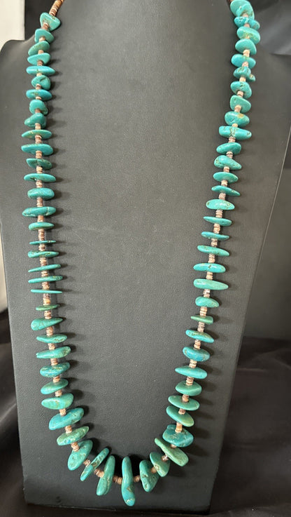 XL Navajo Kingman Turquoise Shell Heishi Sterling Silver Bead 34” Necklace 19635