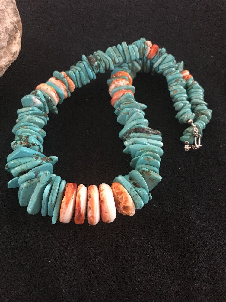 Turquoise Spiny Oyster Nugget Sterling Silver Necklace 21" 03325