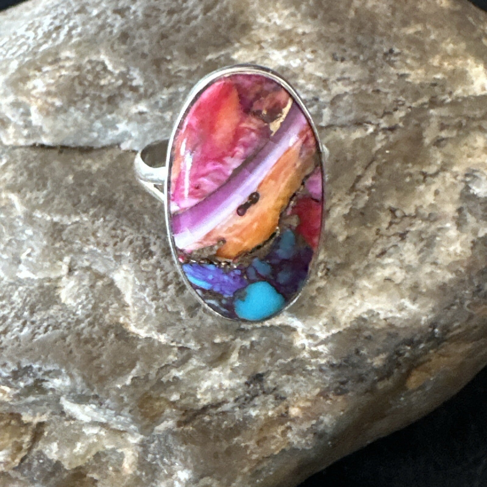 Blue Turquoise Spiny Oyster Southwestern Sterling Silver Ring Size 8 18479