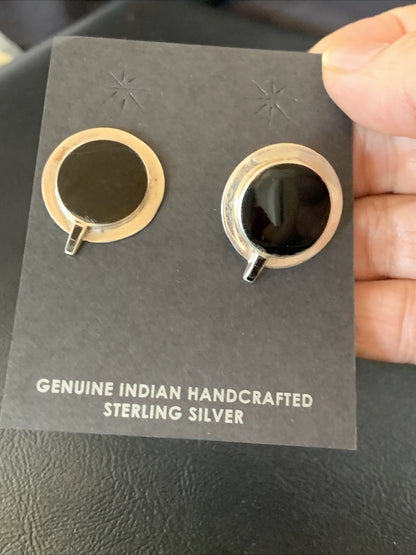 Black Onyx Navajo Sterling Silver Stud Post Earrings 0.75" 12641