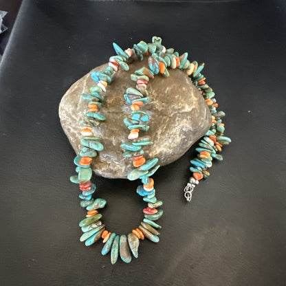 Green Turquoise Orange Spiny Oyster Nugget Sterling Silver Necklace 22” 18162