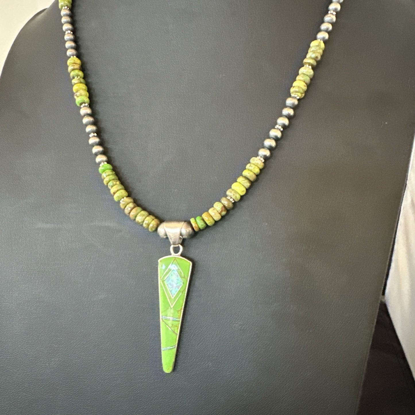 Womens Green Gaspeite Turquoise Opal Pendant Sterling Silver Necklace 19547