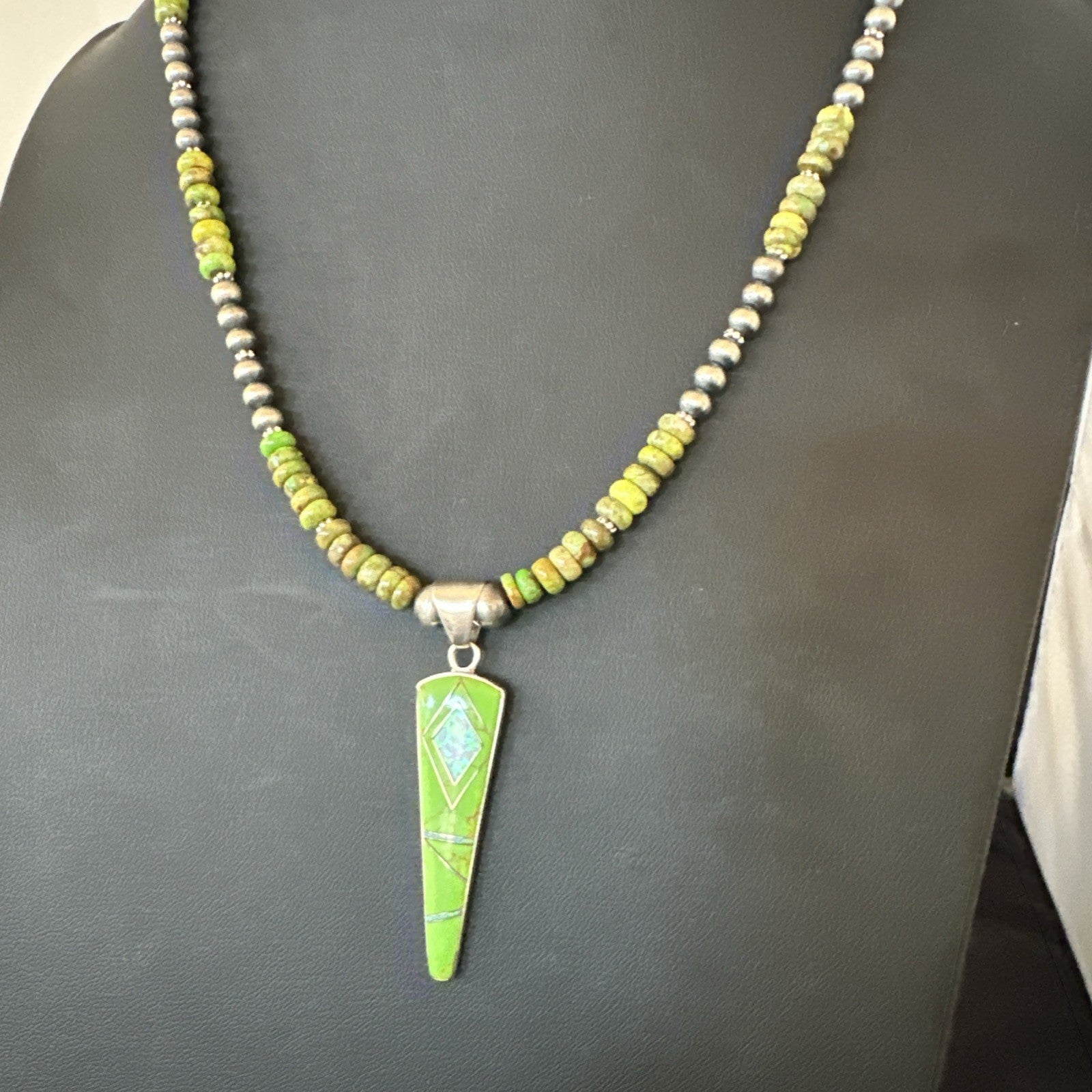 Womens Green Gaspeite Turquoise Opal Pendant Sterling Silver Necklace 19547