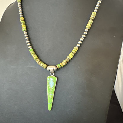 Womens Green Gaspeite Turquoise Opal Pendant Sterling Silver Necklace 19547