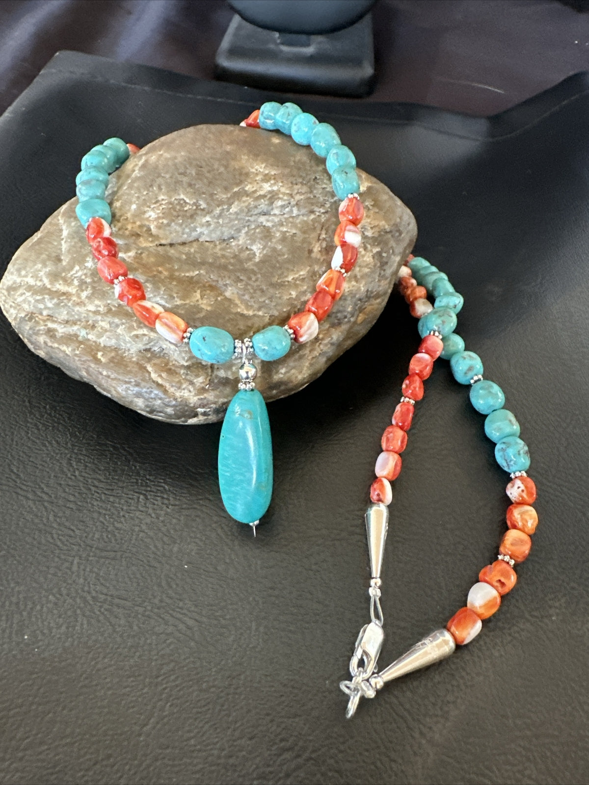 Red Spiny Oyster Blue Turquoise Navajo Sterling Silver Necklace 17954