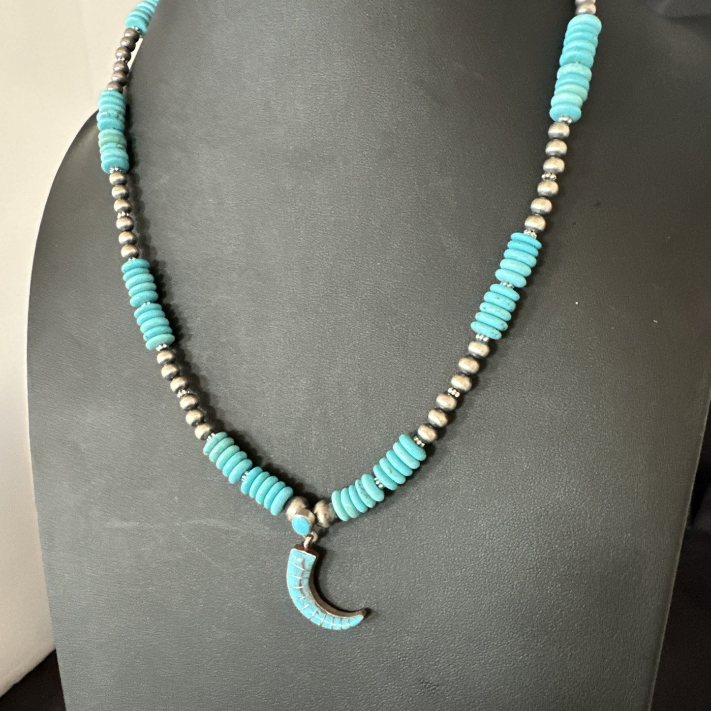 Blue Turquoise Inlay Pendant Navajo Sterling Silver Necklace 19515