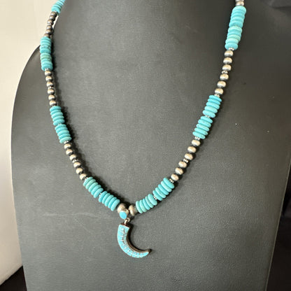 Blue Turquoise Inlay Pendant Navajo Sterling Silver Necklace 19515