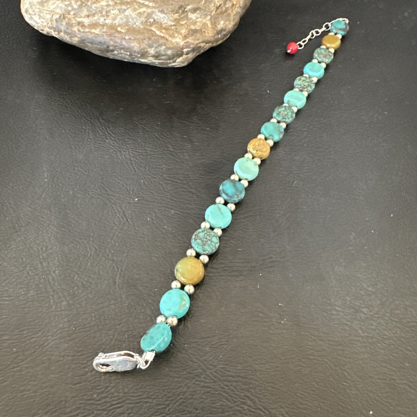 Womens Blue Turquoise Bead Southwestern Sterling Silver Link Bracelet 8" 17236A