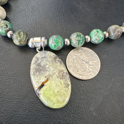 Green Gaspeite Pendant 10mm Turquoise Navajo Sterling Silver Necklace 20" 19679