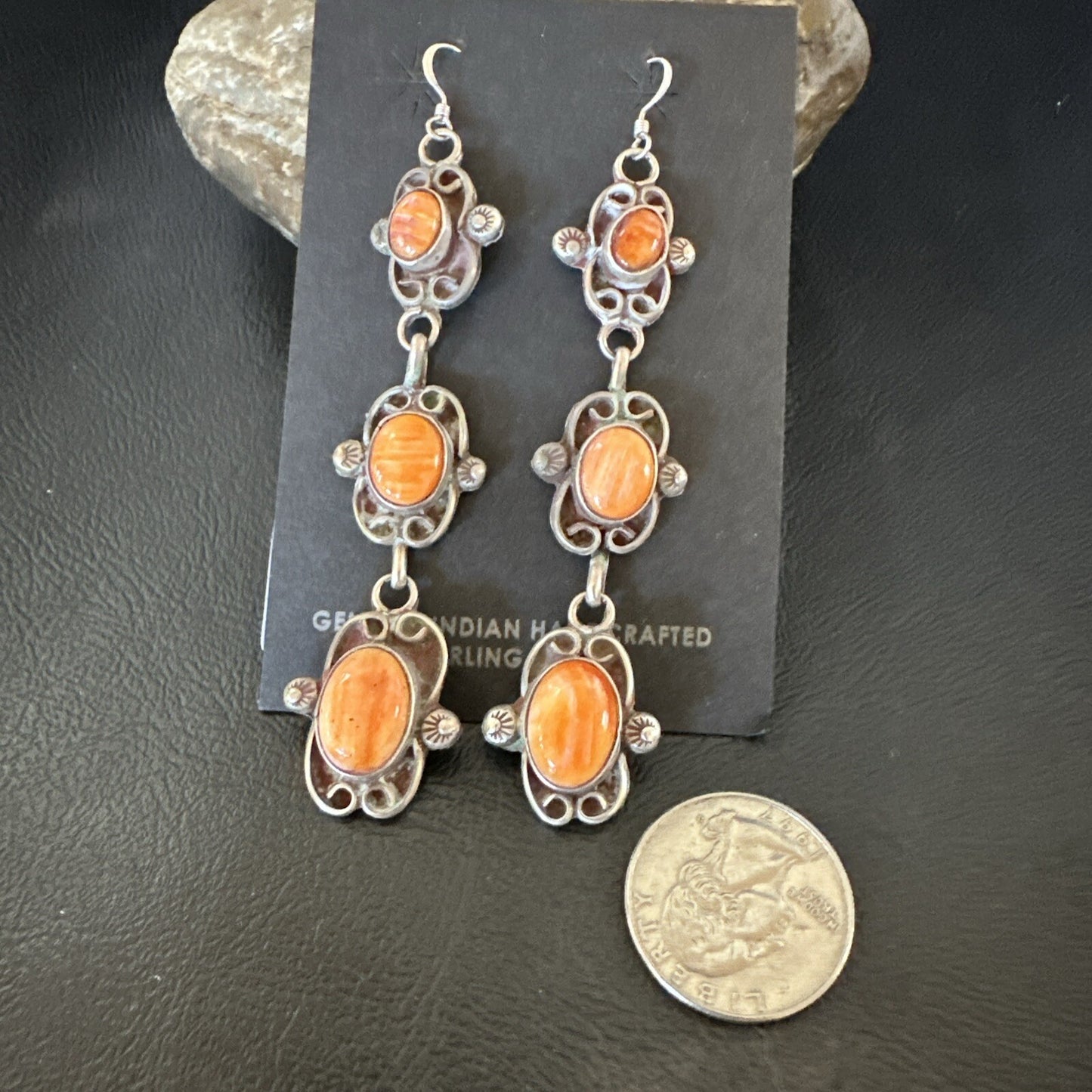 Native Navajo Sterling Silver Orange Spiny Oyster Dangle Earrings 1227