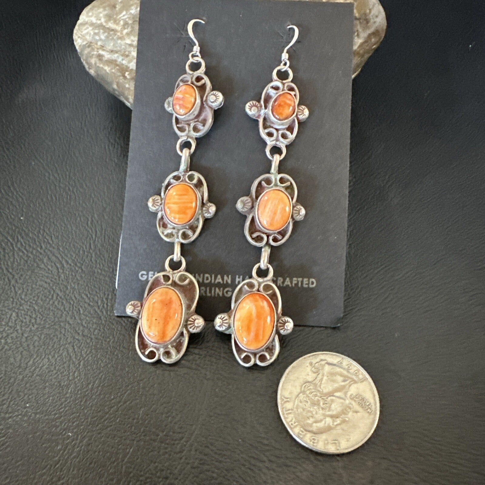 Native Navajo Sterling Silver Orange Spiny Oyster Dangle Earrings 1227