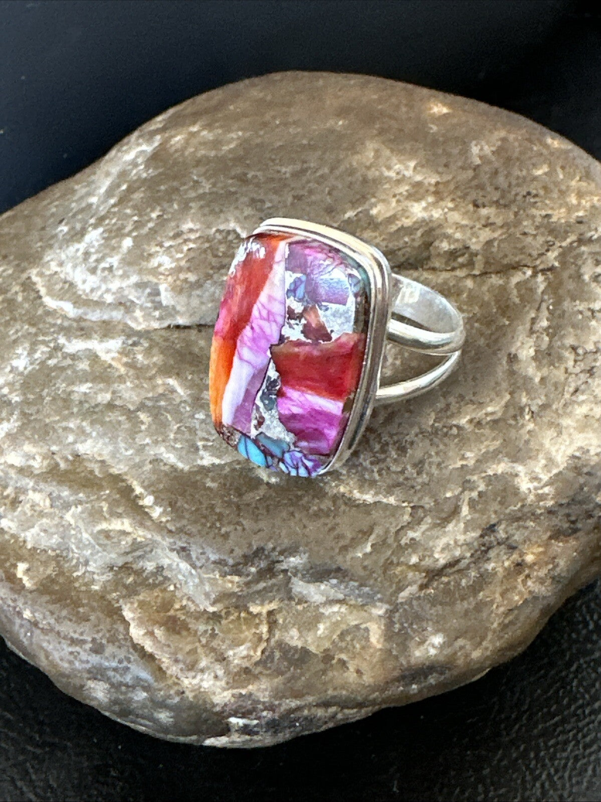Blue Turquoise Spiny Oyster Southwestern Sterling Silver Ring Size 9 18543