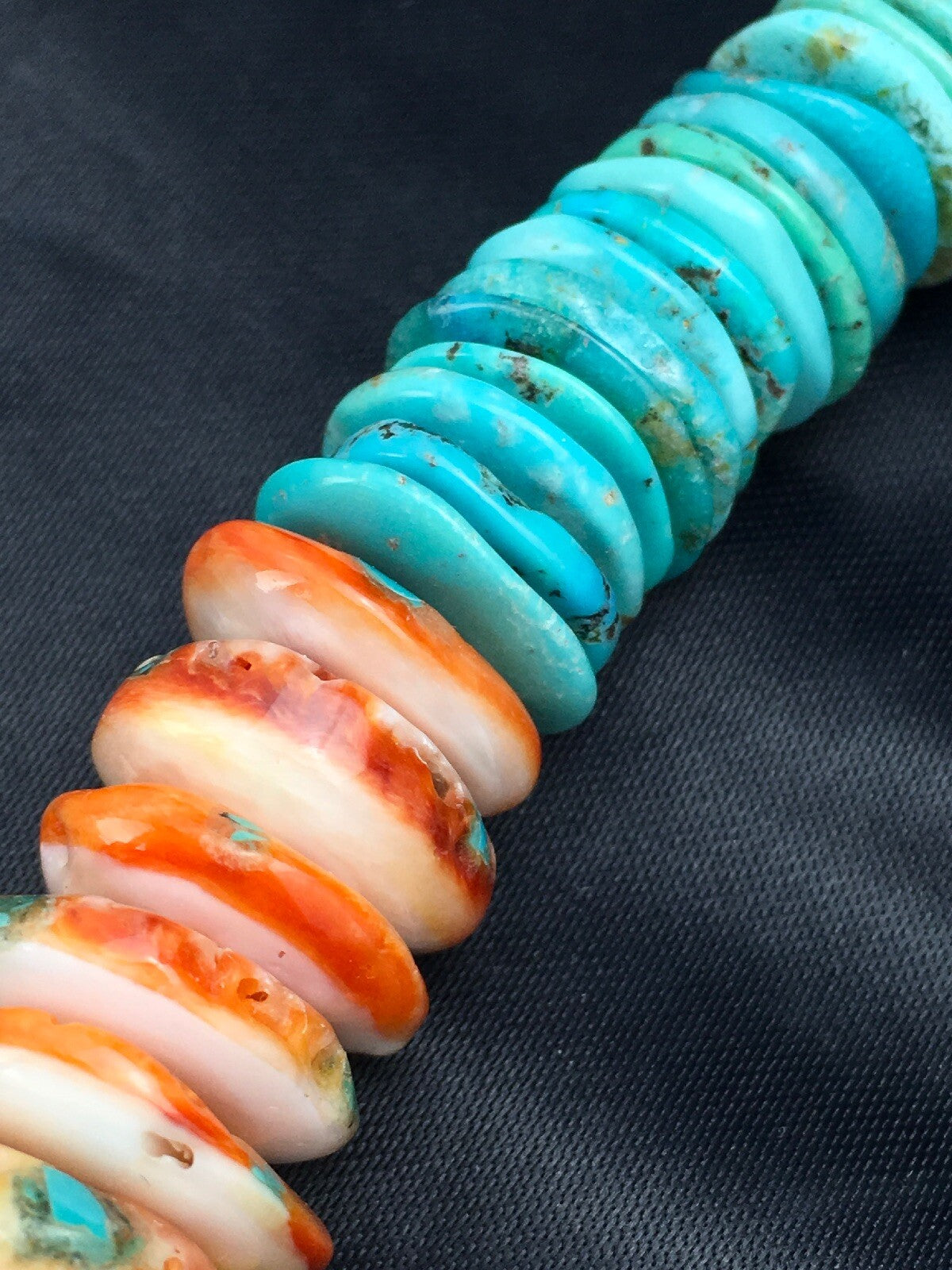 Spiny Oyster & Turquoise Graduated Sterling Silver Necklace 17" 03004