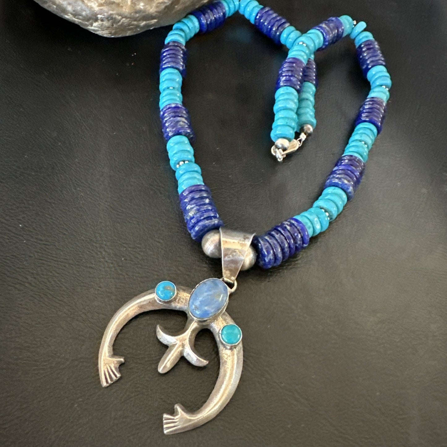 Blue Turquoise Lapis Naja Pendant Navajo 12mm Sterling Silver Necklace 19545