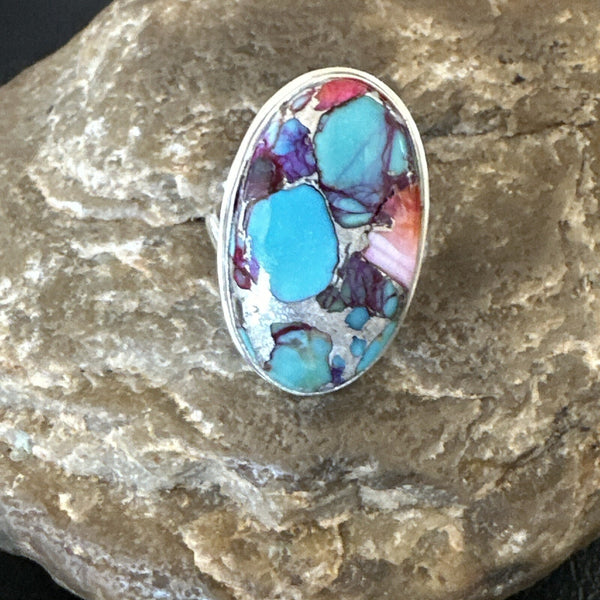 Blue Turquoise Spiny Oyster Navajo Ring Size 7 | Sterling Silver | Authentic Native American Handmade | 18253