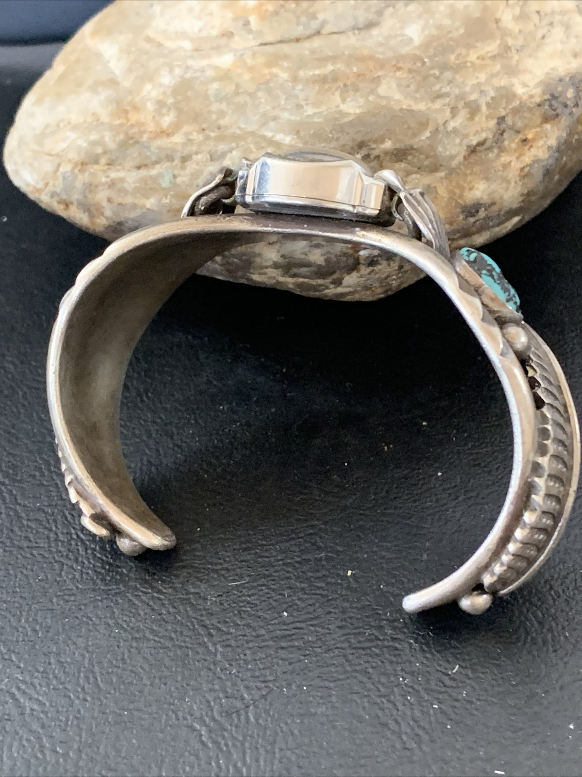 Blue Kingman Turquoise Inlay Navajo Sterling Silver Old Pawn Watch Tips 01442