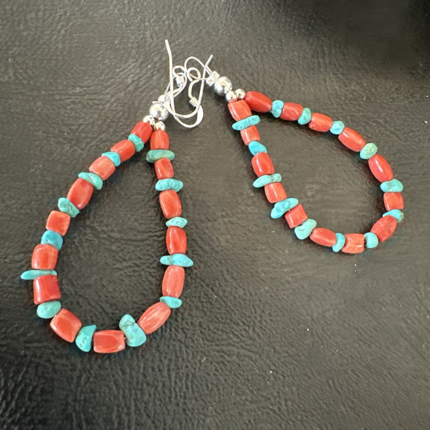 Blue Turquoise Coral Navajo Sterling Silver Earrings 2” 18835