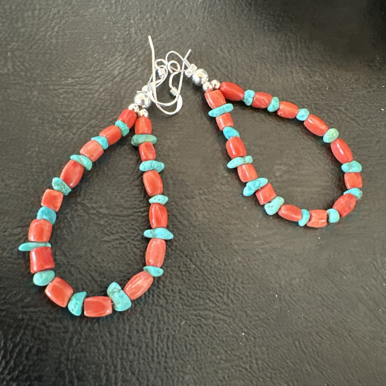 Blue Turquoise Coral Navajo Sterling Silver Earrings 2” 18835