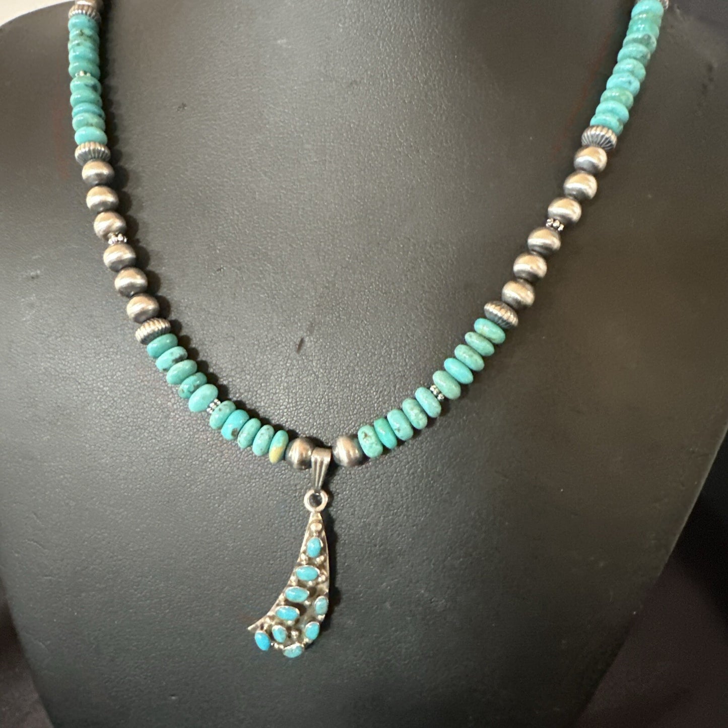 Mens Blue Turquoise Cluster Pendant Navajo Pearls Sterling Silver Necklace 17895