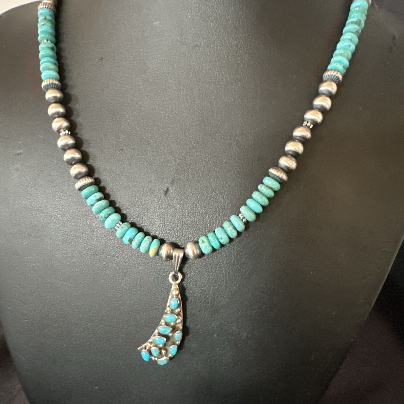Mens Blue Turquoise Cluster Pendant Navajo Pearls Sterling Silver Necklace 17895