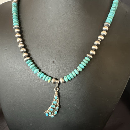 Mens Blue Turquoise Cluster Pendant Navajo Pearls Sterling Silver Necklace 17895