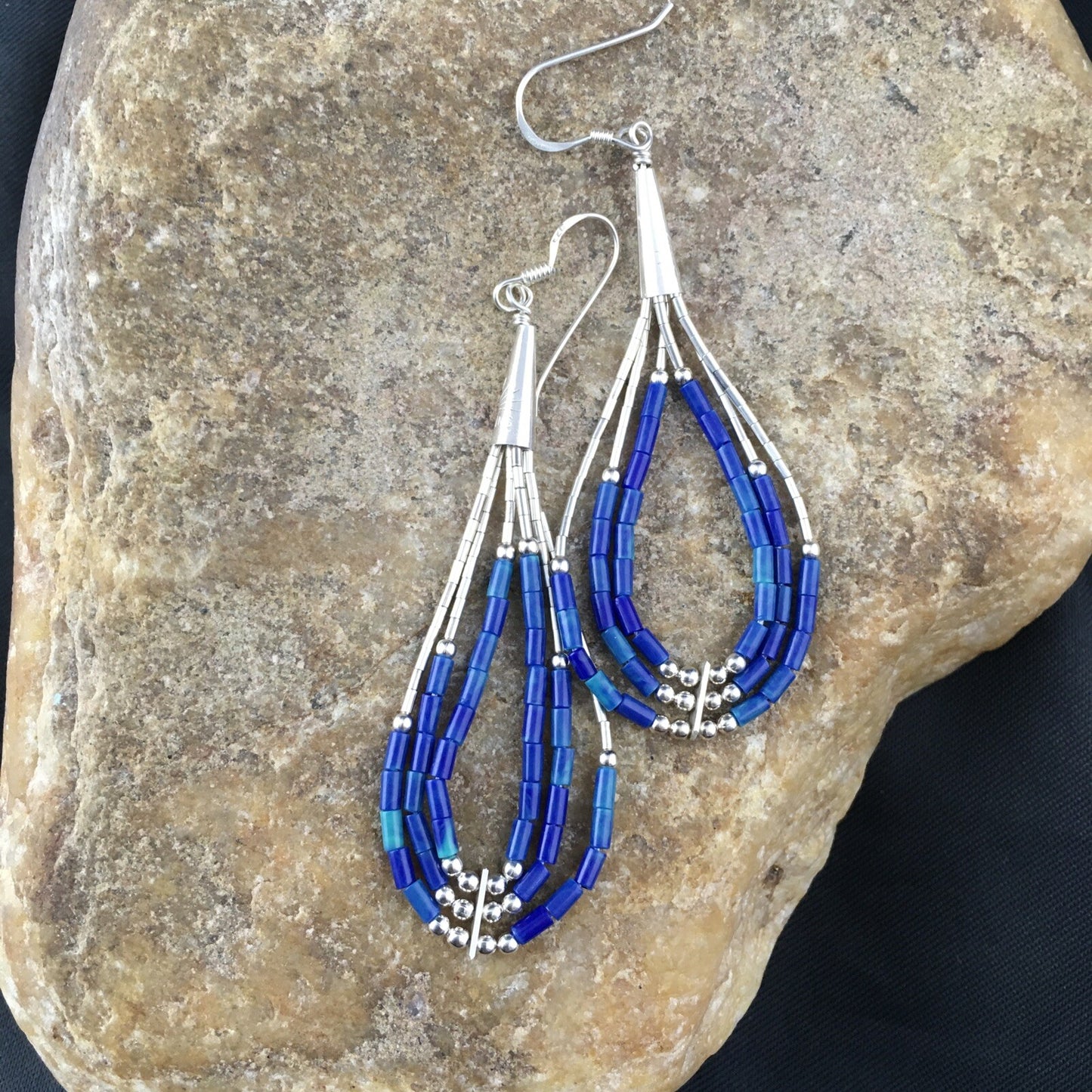 Blue Lapis 3 Strand Heishi Liquid Sterling Silver Dangle Earrings 2013
