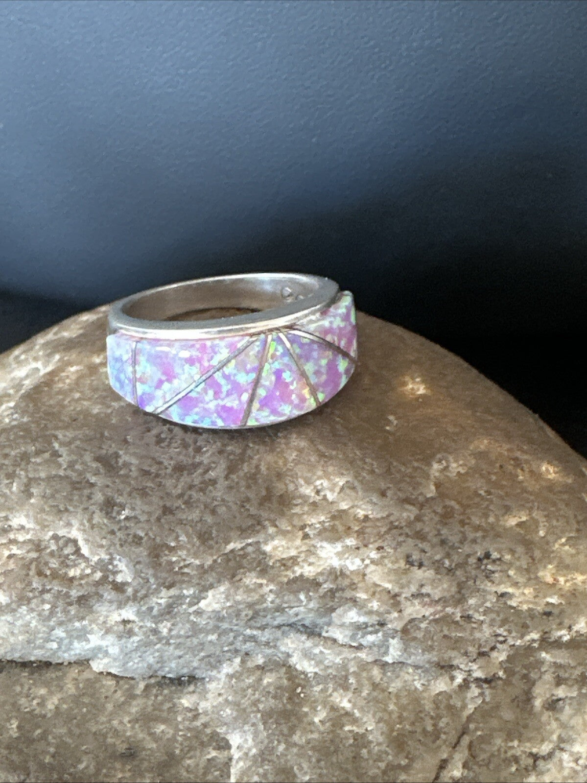 Pink Opal Navajo Sterling Silver Band Inlay Ring Size 7 18786