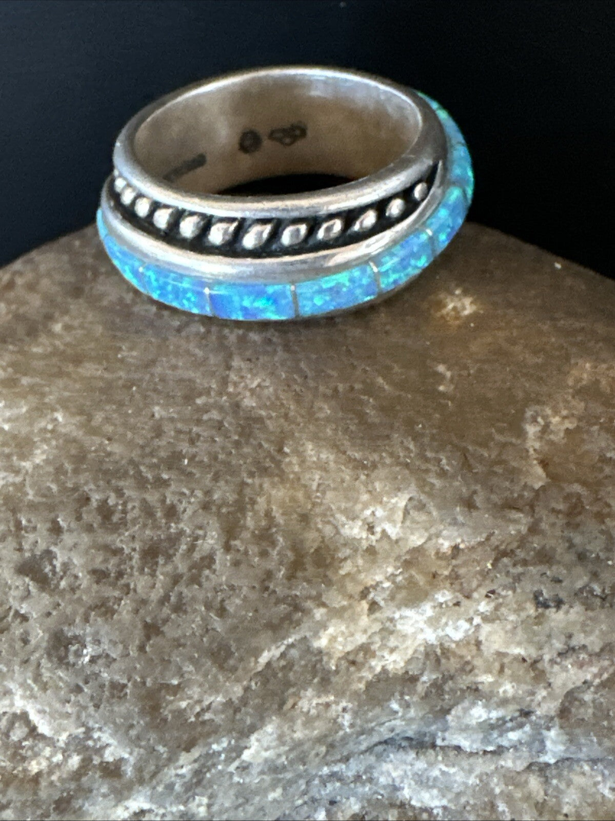 Blue Opal Navajo Sterling Silver Band Inlay Ring Size 7 18807